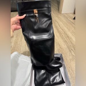 Elegant Black Leather Knee High Women's Drape/Fold Over Boots with Gold Accents